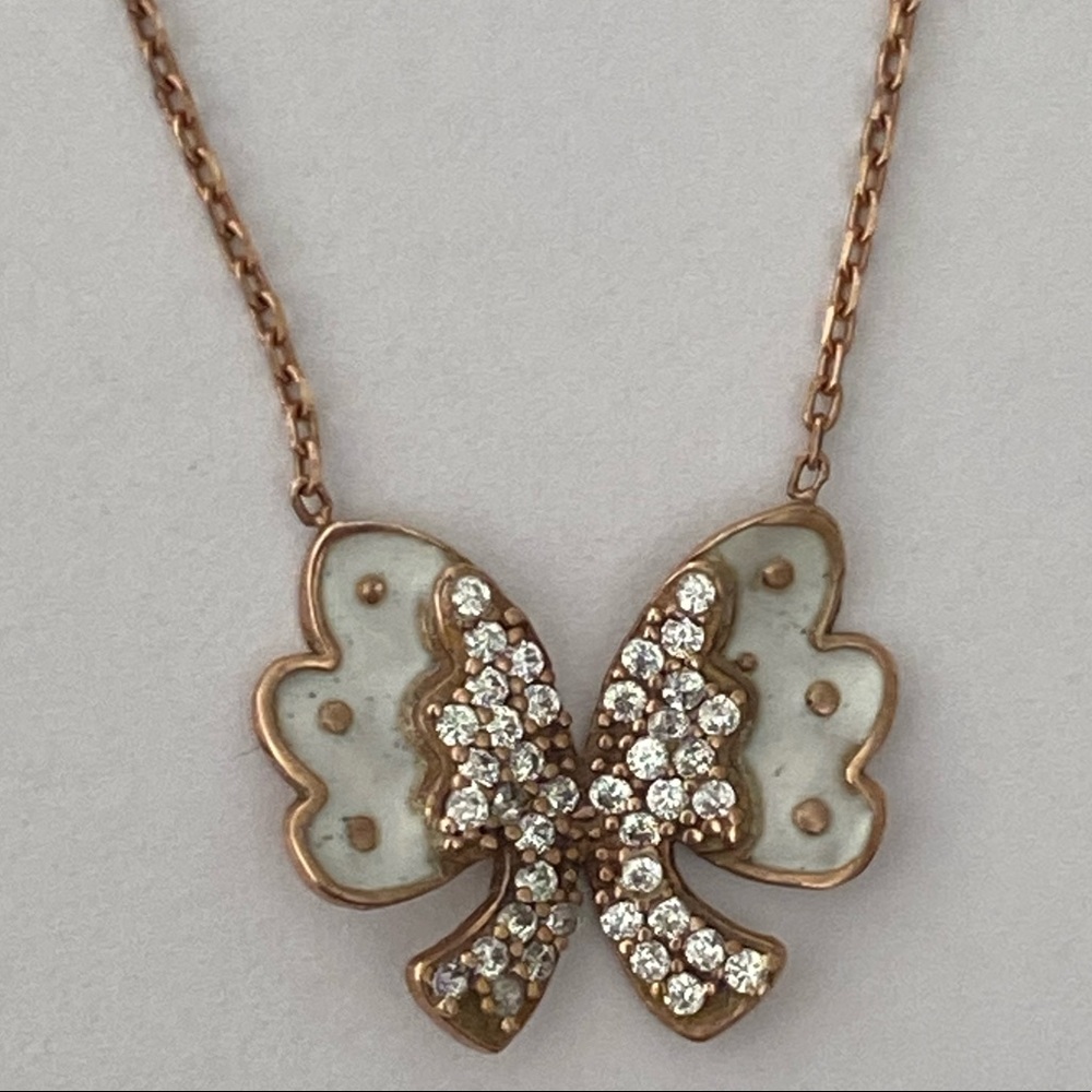 925 Silver handmade enamel bow cz zirconia stones necklace 14K rose gold plated